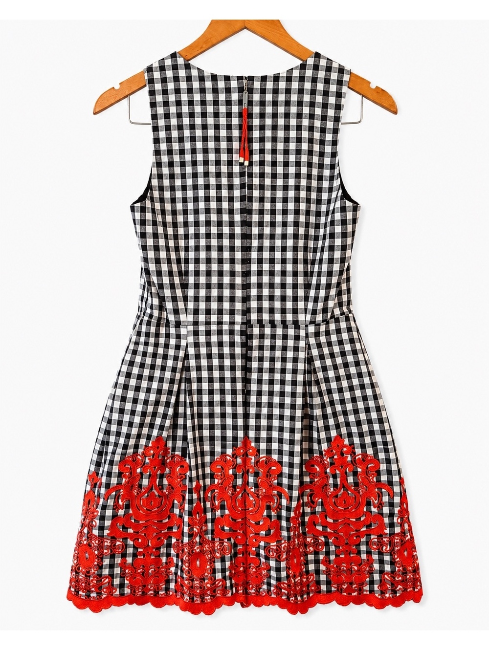 Laundry by Shelli Segal Gingham Plaid Embroidered Dress Black White Red Size 6 - Picture 5 of 6